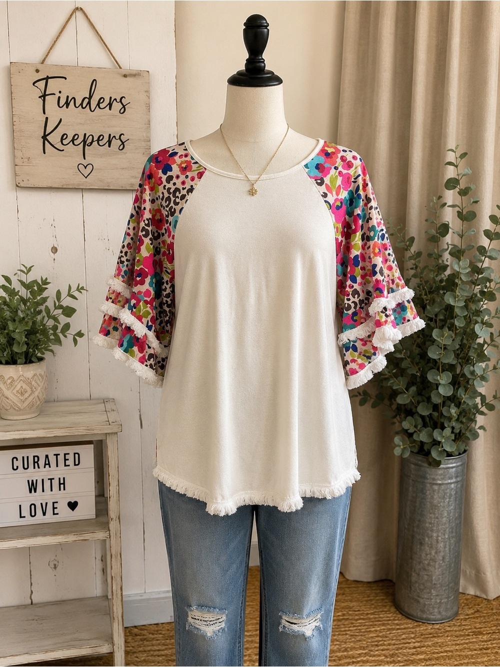 Women’s Cream Raglan Top with Floral Multicolor Sleeves